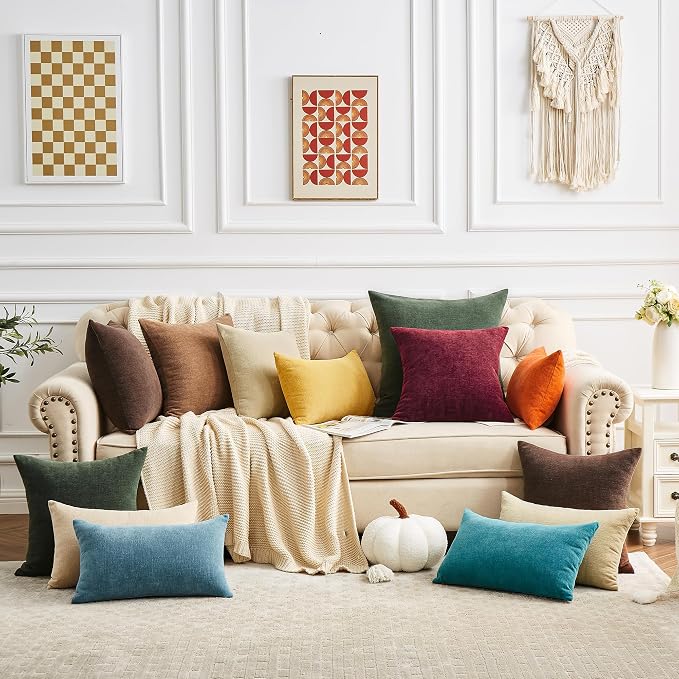 GAWAMAY Decorative Square Throw Pillow Covers 20x20 Inch Set of 2, Super Soft Chenille Pillows Farmhouse Fall Pillowcase for Living Room Bedroom Sofa Couch Cushion Cover Khaki 50x50cm (No Insert)