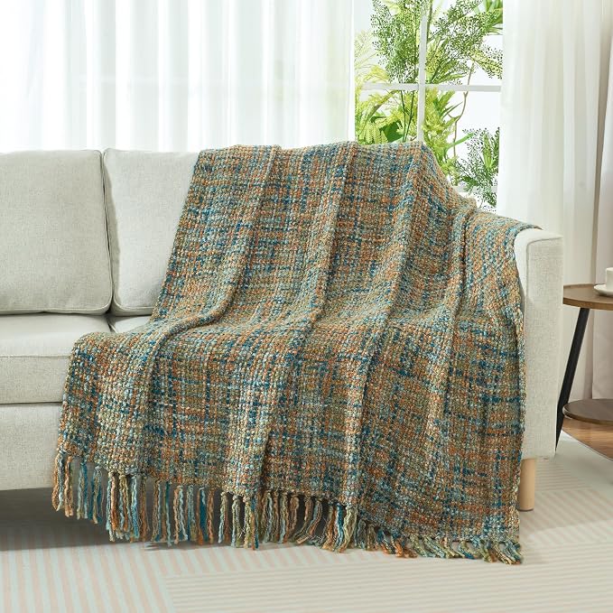 Multi-Color Cable Woven Throw Blanket for Couch - 50"X60" | Multicolored Boho Style,Super Soft Warm Cozy Chunky Blankets with Decorative Tassels for Bed and Sofa,Gold Green
