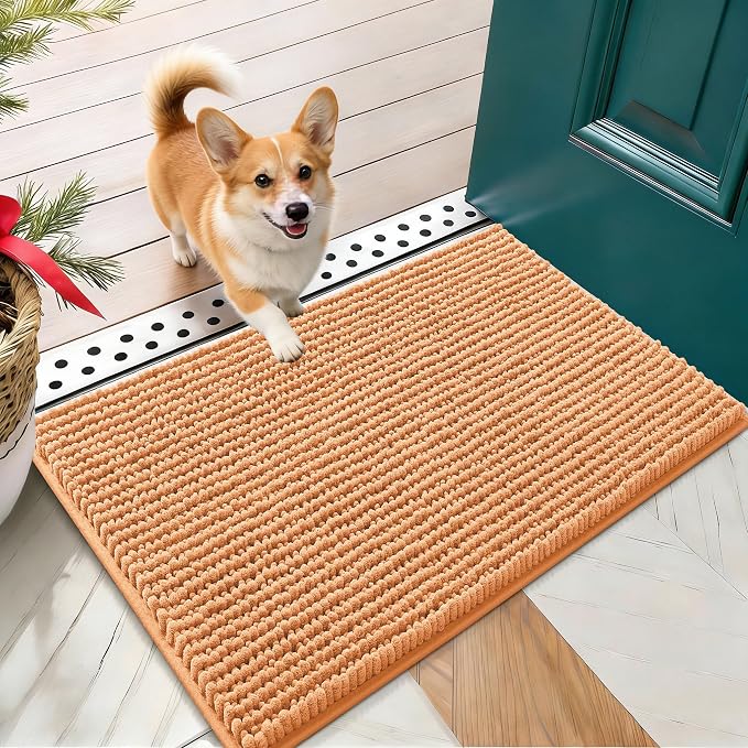 OLANLY Dog Door Mat for Muddy Paws 24x16, Extra Absorbent Chenille Mud Mat | Orange, Absorbs Moisture and Dirt, Non-Slip Machine Washable Doormat, Quick-Drying Indoor Entryway Floor Mat for Dogs