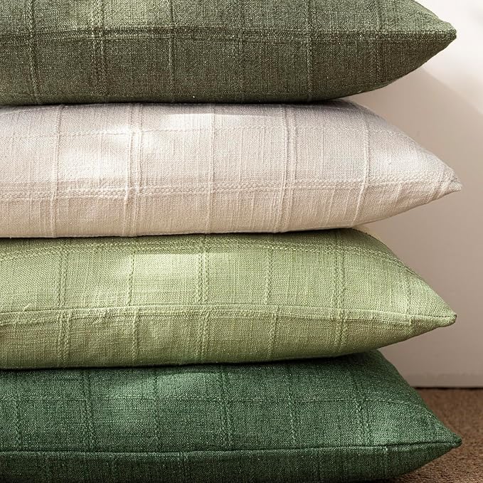 Foindtower Set of 2 Decorative Linen Check Throw Pillow Covers Neutral Farmhouse Vintage Cushion Covers Modern Boho Accent Home Decor for Sofa Chair Couch Bedroom Living Room,26×26 Inch,Light Green