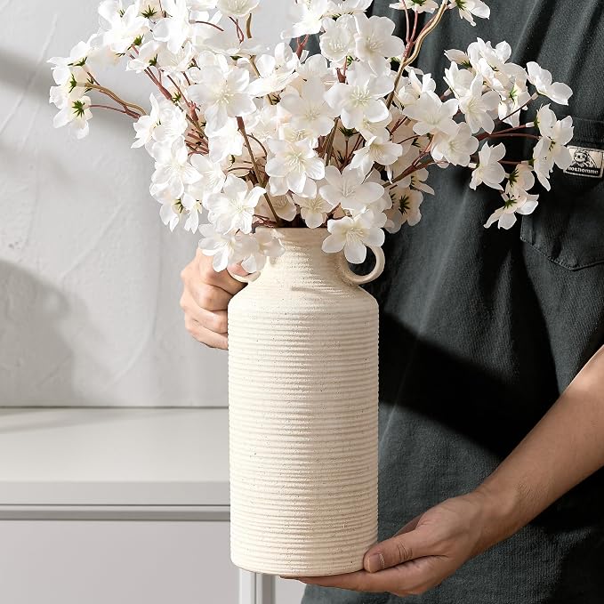 Vaseking Ceramic Rustic Vase with 2 Round Handles, Antique Farmhouse Flower Vase, Vintage Terracotta Vases for Home Decor, Wedding, Living Room, Table, Shelf Decor - 10.2 Inch Tall, Fossil