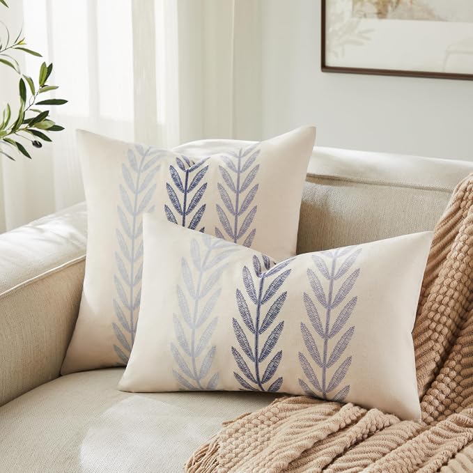 Farmhouse Leaves Lumbar Pillow Covers Set of 2, 12x20in Mixed Blue | 100% Organic Cotton, Rustic Accent Print Pillow Case, Pastoral Decorative Cushion Covers for Sofa Bed Living Room Home Decor