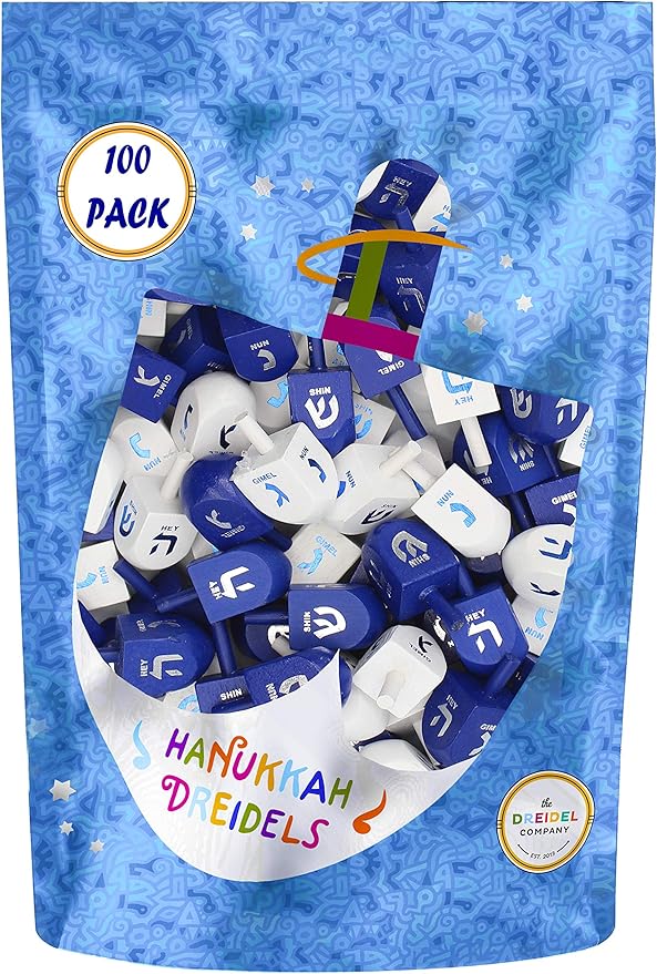 The Dreidel Company 100 Solid Blue & White Hand Painted Wooden Hanukkah Dreidels with English Transliteration - Includes Detailed 3 Game Instruction Cards- (100-Pack)