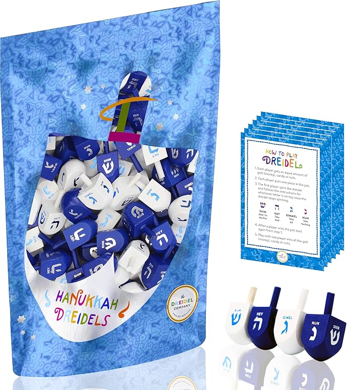 The Dreidel Company Wood Dreidel Bulk Solid Blue & White Wooden Hanukkah Dreidels Hand Painted with English Transliteration- Includes Game Instruction Cards (200-Pack)