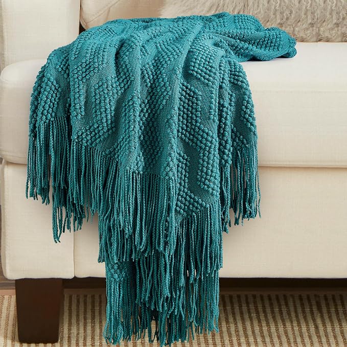 BOURINA Teal Throw Blanket 50x60 Inch Soft Ripple Throw Knitted Blanket | Soft Ripple Throw Textured Solid Soft Throws and Blankets for Sofa or Bed Knitted Decorative Blanket