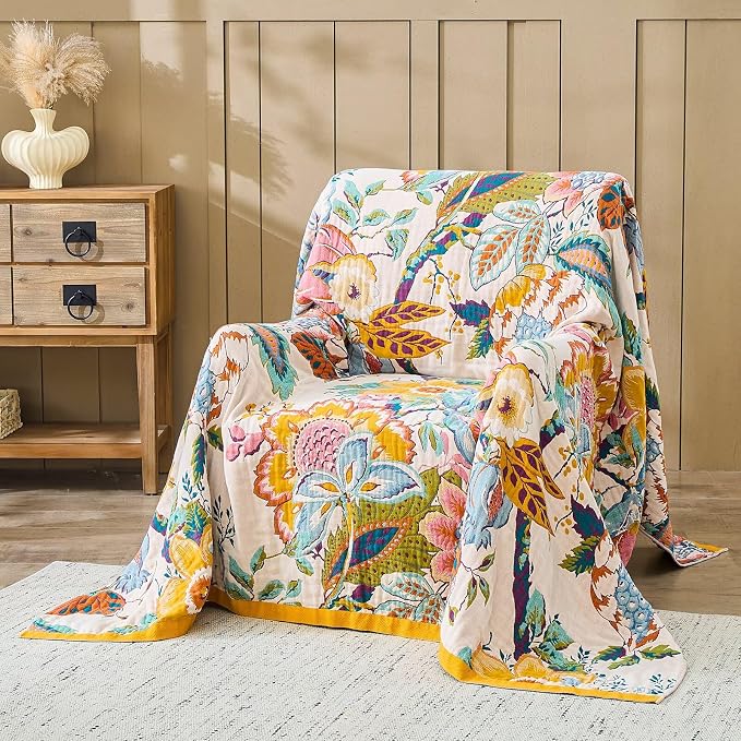 XIBLC Boho Throw Blanket 100% Cotton Vintage Blanket Muslin Woven Flower Decorative Throw Blankets All Season Bohemian Rustic Farmhouse Decor Quilt for Bed (Yellow 60"x80")