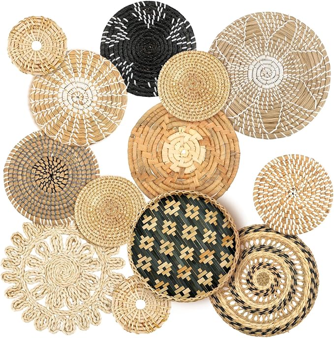 Glenmal 13 Pcs Boho Wall Basket Decor Set Woven Rattan Seagrass,Retro | Handmade Flat Baskets for Bedroom Living Room Office, Wicker Bamboo Seagrass Hanging Art, Farmhouse Gallery Ready to Hang