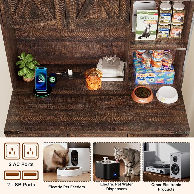 71Inches Tall Cat Litter Box Enclosure for Cats W/Power Outlets,Open Shelves.Wooden Pet Washroom Furniture W/Locks,Cabinet.Indoor Cats House,Hidden Cat Litter Box for Living Room,Bedroom(Brown-3)