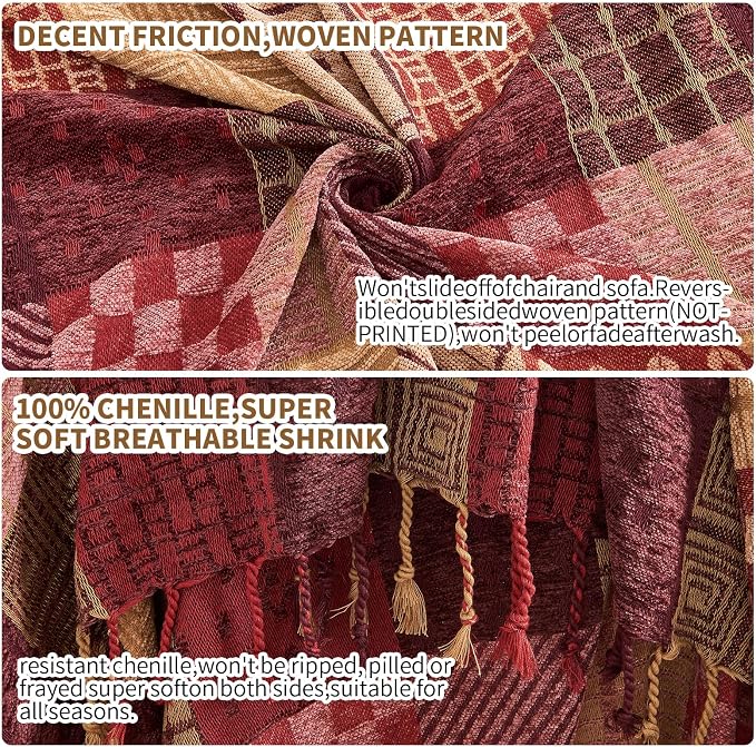 Boho Throw Blanket,Patchwork Large Blankets for Sofa Double Bed Armchair Couch,Weighted Soft Furniture Throws,Tassels Chenille Throws and Blankets for Bohemian Decor (60"*75")…