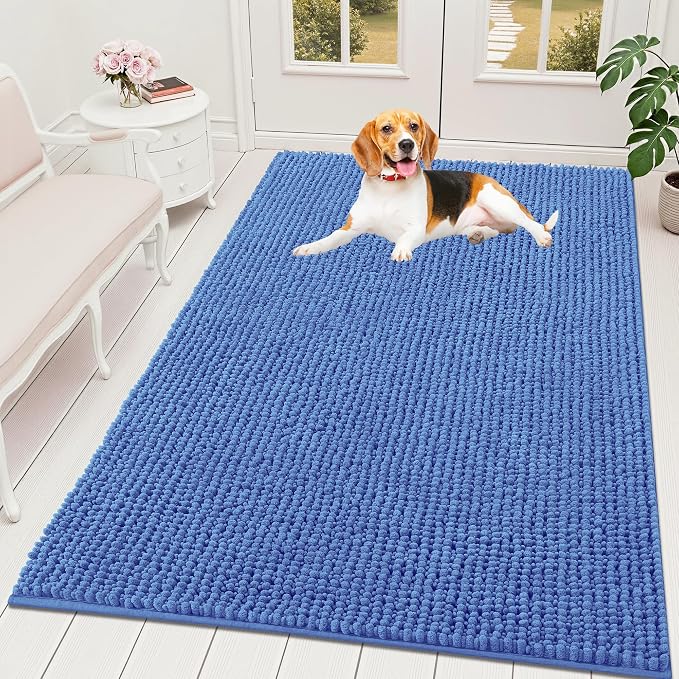 OLANLY Dog Door Mat for Muddy Paws 59x35, Extra Absorbent Chenille Mud Mat | Cornflower Blue, Absorbs Moisture and Dirt, Non-Slip Machine Washable Doormat, Quick-Dry Indoor Entryway Floor Mat for Dogs