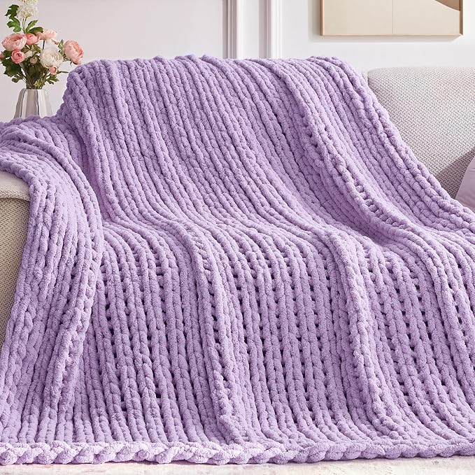 Negwoo Chunky Knit Throw Blanket, Knitted Throw Chenille Yarn, 60"*80" | Soft Thick Cable Knitted Blankets, Handmade Big Thick Blanket,Machine Washable Cute Comfy Blanket for Home Decor,Light purple