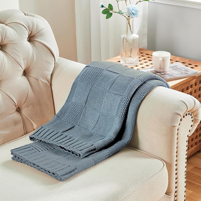 CozeCube Dusty Blue Knitted Checkered Throw Blanket 50"X60" | Check Knit Throw for Couch, Decorative Christmas Soft Cozy Warm Blanket for Bed Sofa Living Room