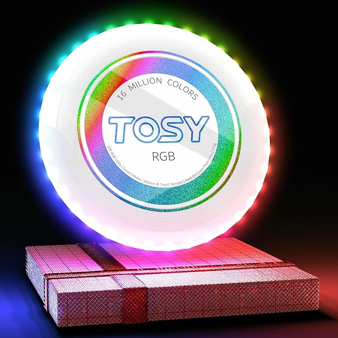 TOSY Flying Disc - 108 RGB Multicolor or 36 Monocolor LEDs, Super Bright, Smart Modes, Christmas Stocking Stuffers Gift, Camping Toy for Kid/Teen/Adult, Auto Light Up, Rechargeable, Waterproof, 175g
