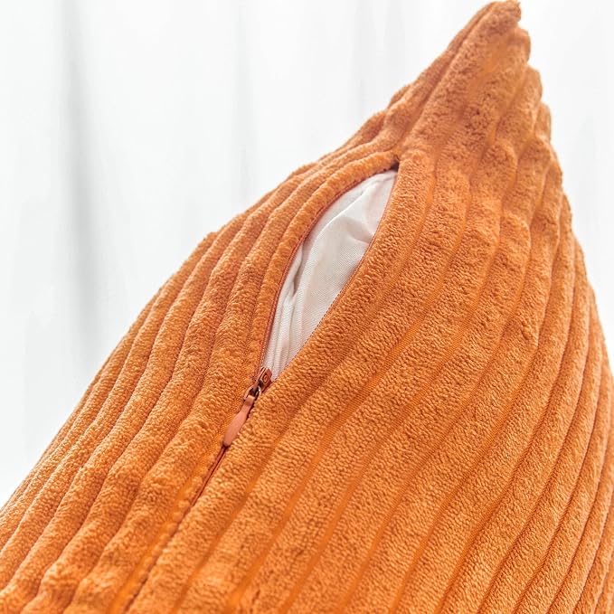 Home Brilliant Burnt Orange Throw Pillow Striped Corduroy Plush Velvet Pillow Cover for Living Room Bed, Orange, 24x24 inches (60cm)