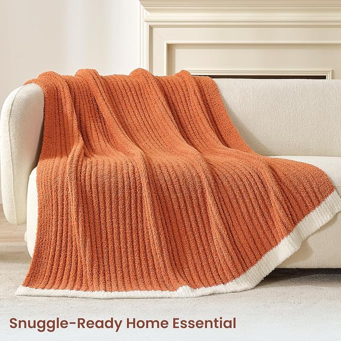 Snuggle Sac Burnt Orange Fall Throw Blanket for Couch, Fuzzy Microfiber Knit Halloween Blankets for Couch, Sofa, Travel, Burnt Orange, 50x60 inches