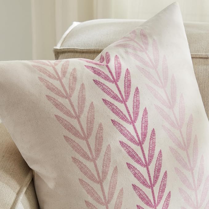 Farmhouse Leaves Throw Pillow Covers Set of 2, 16x16in Mixed Pink | 100% Organic Cotton, Rustic Accent Print Pillow Case, Pastoral Decorative Cushion Covers for Sofa Bed Living Room Home Decor