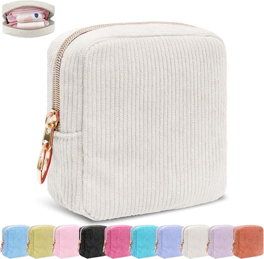 Period Bag for Girls, Corduroy Period Kit with Sanitary Pad Pouch, Menstrual Storage Bag and Tampon Holder for Purse, Girls School Essentials,Feminine Care Organizer(Beige)