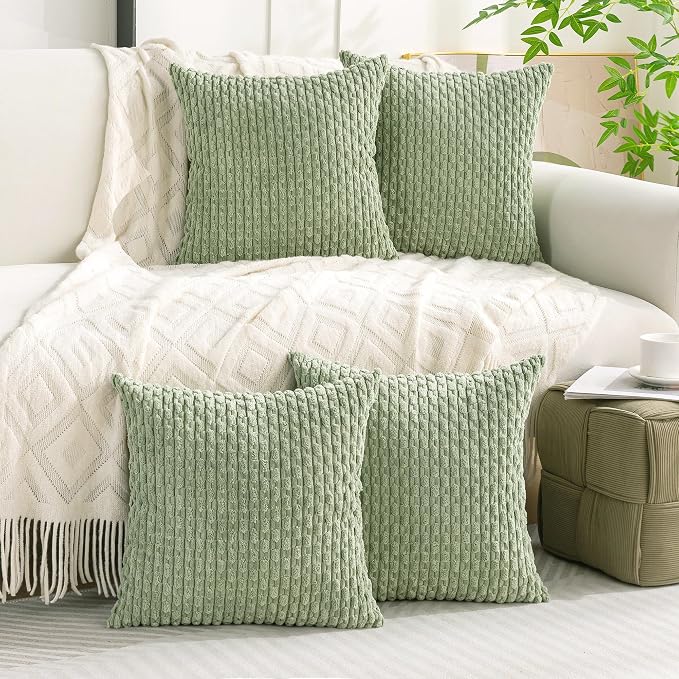 Set of 4 Sage Green Decorative Throw Pillow Covers 24x24 Inch Corduroy Pillow Covers for Bed Couch Sofa Living Room Soft Square Cushion Cases