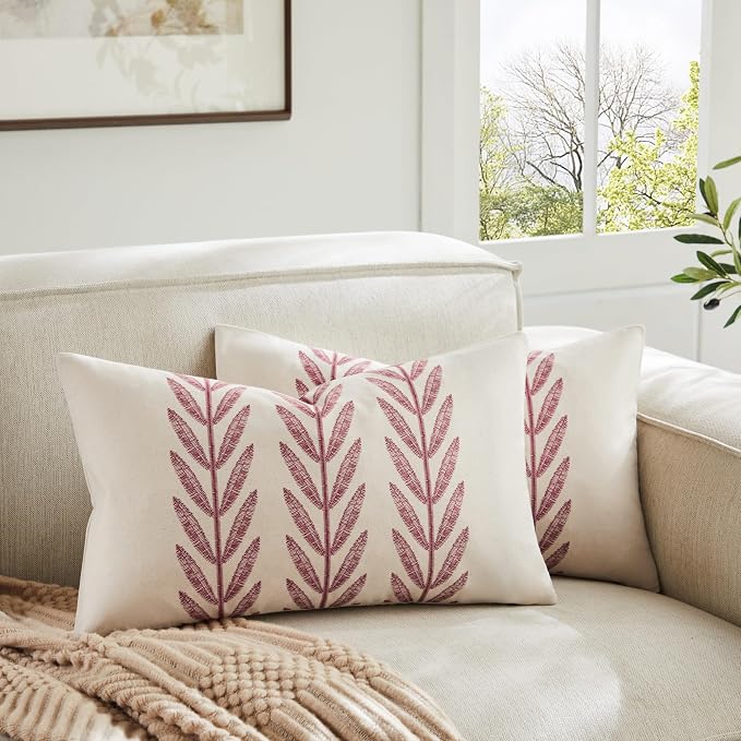 Farmhouse Leaves Lumbar Pillow Covers Set of 2, 12x20in Burgundy | 100% Organic Cotton, Rustic Accent Print Pillow Case, Pastoral Decorative Cushion Covers for Sofa Bed Living Room Home Decor