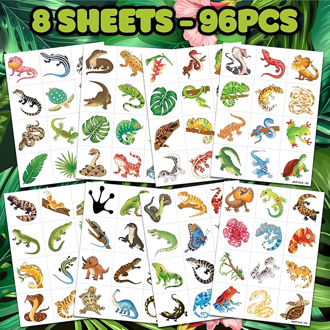 96 PCS Reptile Animal Safari Jungle Lizard Pre-Cut Temporary Tattoos for Kids | Super Cute Themed Birthday Party Favors, Supplies, Decorations, Fake Tattoo Stickers (Multiple)