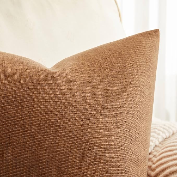 Rustic Linen Throw Pillow Covers Set of 2, Caramel 22x22in | Textured Pillow Case, Rustic Cotton Linen Fabric, Modern Farmhouse Cushion Covers for Sofa Bed Living Room Home Decor