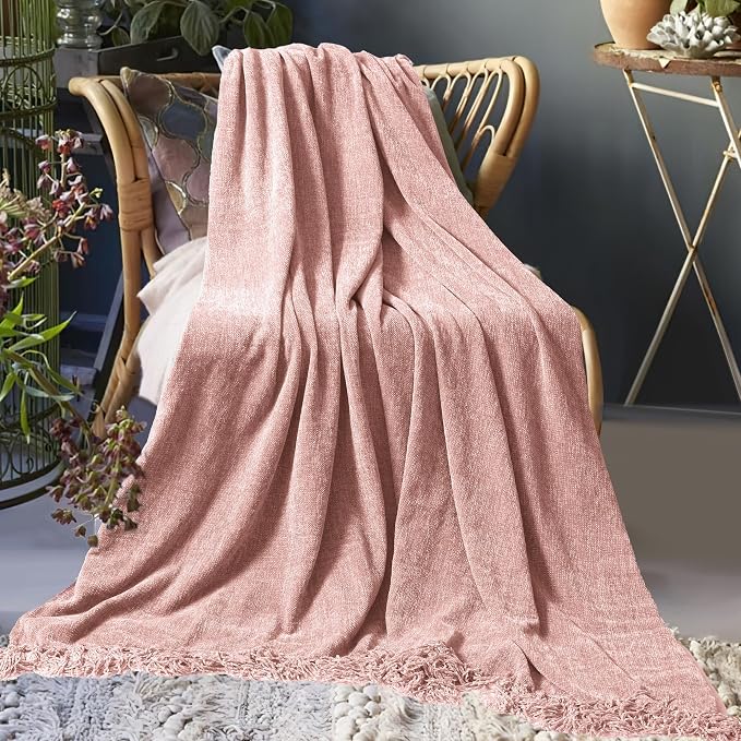 Chenille Throw Blanket for Couch 60" x 80" Twin, Dusty Pink | Soft Cozy Throws with Fringe Tassel, for Living Room Bed Sofa Chair Cover, Lightweight Knitted Boho Blankets Christmas Decor