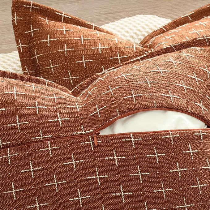 Fall Pillow Covers 24x24 Set of 2 Soft Polyester Textured Rust Pillow Covers with Stylish Flange Edge Cozy Farmhouse Throw Pillows for Couch Bed Sofa Living Room Fall Decor