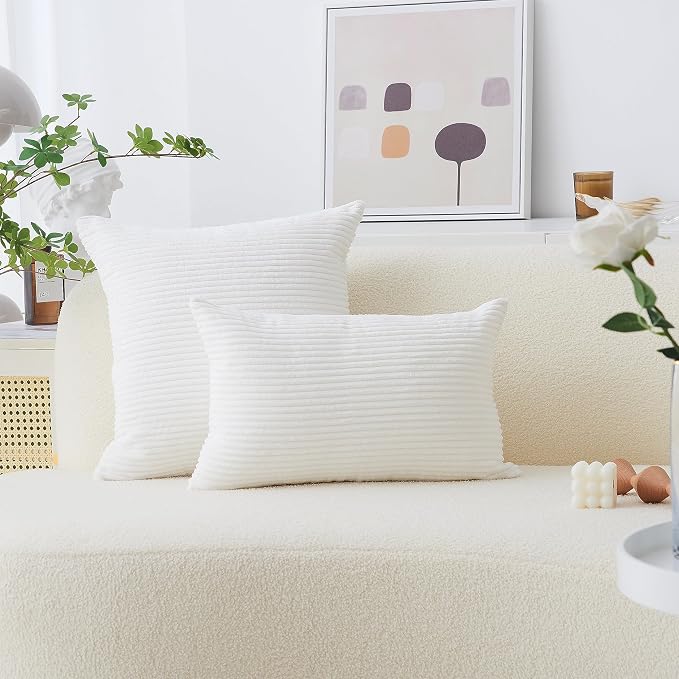 Home Brilliant Pillow Cover Summer Decorative Striped Throw Pillow Cover Soft Corduroy Plush Pillowcase 20x20 for Couch Sofa Bench Car Chair, 20 x 20 inch (50cm), Creamy White