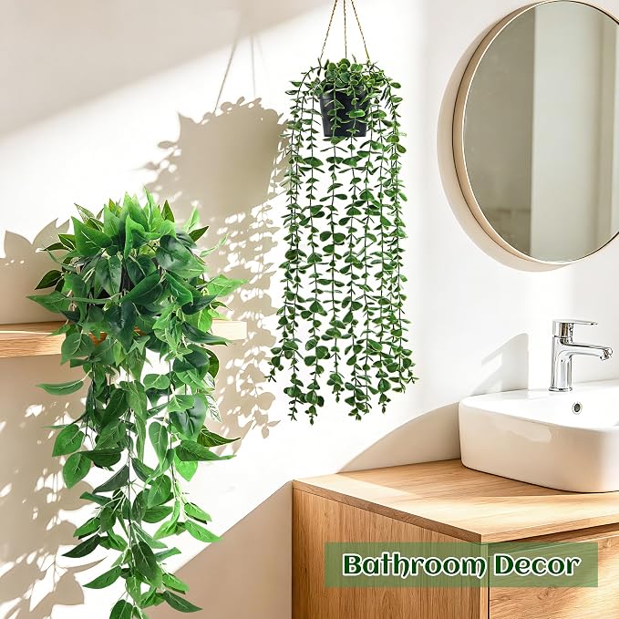 Der Rose 4Pcs Fake Hanging Plants with Lush Cascading Greenery | Artificial plant with black pots, 20–34 in long faux vine, for bathroom, kitchen, living room wall, shelf decor indoor