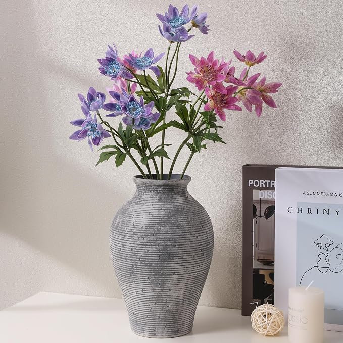 Ceramic Flower Vase Home Decor, 9 in Farmhouse Table Vases Rustic Vintage Living Room Kitchen Bedroom Pottery Decorative Vases for Flowers House Book Shelf Office Coffee Desk Dining Entryway, Grey