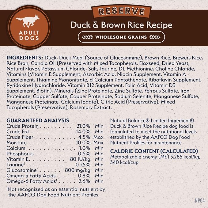 Natural Balance Limited Ingredient Adult Dry Dog Food - Complete Nutrition for Adult Dogs - Wholesome Grains Brown Rice Recipe - Limited Ingredient Formula - 22 lb - Reserve Duck & Brown Rice