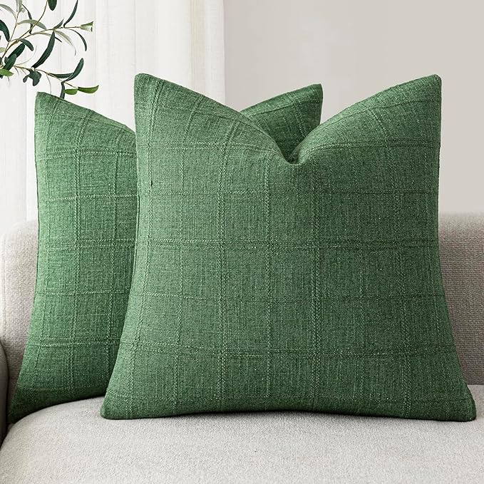 Foindtower Set of 2 Decorative Linen Check Throw Pillow Covers Neutral Farmhouse Vintage Cushion Covers Modern Boho Accent Home Decor for Sofa Chair Couch Bedroom Living Room,24×24 Inch,Forest Green