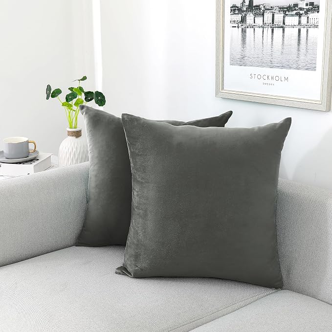 NiNi ALL Dark Grey Velvet Throw Pillow Covers 18x18 Pack of 2 Decorative | Soft Solid Boho Cushion Squar Pillow Cases for Chair Sofa Bedroom Farmhouse Living room Modern Luxury Home Decor Christmas