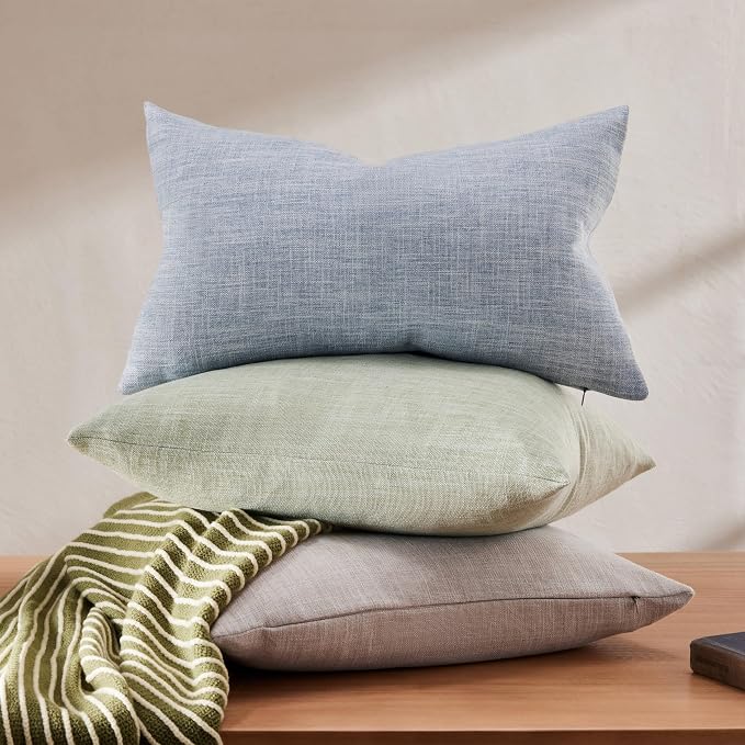 Rustic Linen Lumbar Pillow Covers Set of 2, Blue 12x20in | Textured Pillow Case, Rustic Cotton Linen Fabric, Modern Farmhouse Cushion Covers for Sofa Bed Living Room Home Decor