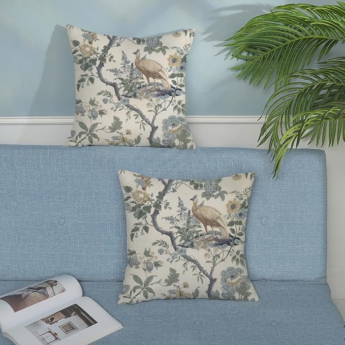 Chinoiserie Pillow Covers 20x20 Set of 2 Blue Bird Floral Throw Pillows Vintage Blue Green Flowers Decorations Outdoor Pillowcase Chinoiserie Decor Farmhouse Cushion Case for Couch Home