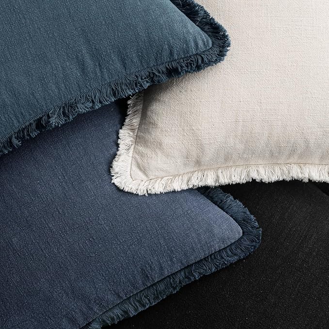 MIULEE Fall Linen Fringe Pillow Covers Set of 4 18x18 Beige/Coastal Blue | Boho Farmhouse Decorative Throw Pillow Covers, Neutral Soft Rustic Cushion Cases, for Couch Sofa Bed Living Room Home Decor