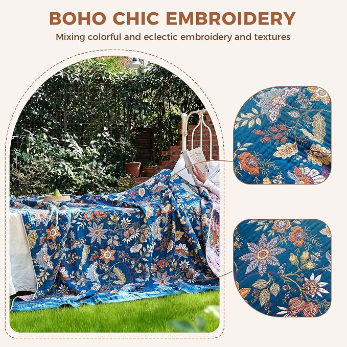 LUTBM Boho Throw Blanket for Bed 60"x80", All Season Cotton Couch Blankets | Blue Reversible Floral Jacquard, Muslin Gauze Twin Quilt, For Chair Sofa Bedroom Living Room Decor, Lightweight & Breathable