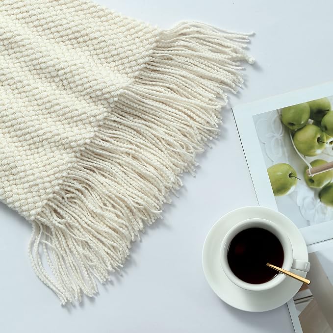 CREVENT Lightweight Knit Throw Blanket for Couch Sofa Chair - Soft and Decorative for Spring Summer Fall (50''X60'' Ivory/Off White)