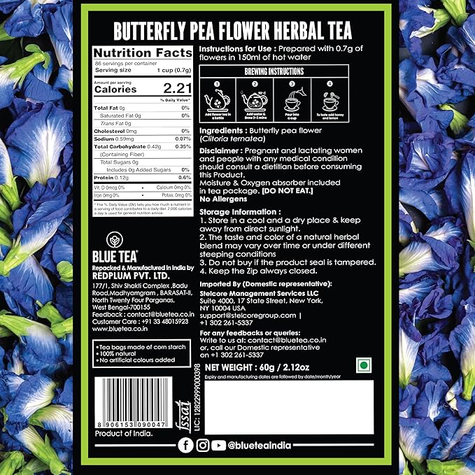 BLUE TEA - Butterfly Pea Flower Tea - 2.11 Oz (150+ Cups) | Antioxidant Rich | Chemical Free - Herbal Tea - Caffeine free - Non Bitter - No Preservatives | Zipper Pack