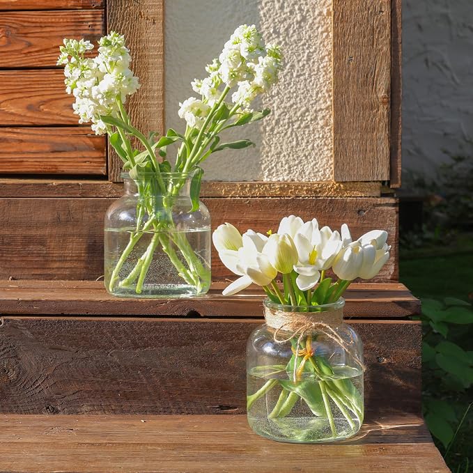 Houmury Glass Vases for Centerpieces Set of 2 Farmhouse Utensils Holder 6 Inch Clear Large Vase with Twine Ties Home Decor for Wedding Living Room Dining Table Office (2)