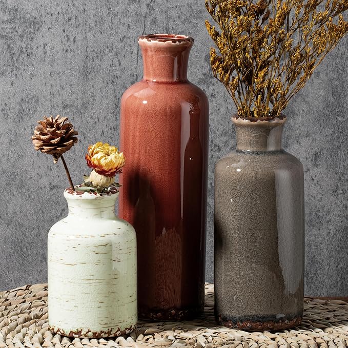Ceramic Vintage Vase Set of 3, Orange Brown Green Crackle Glaze, Chinoiserie Floral Decor for Farmhouse Shelf, Table Centerpiece, Mantel, Living Room & Office