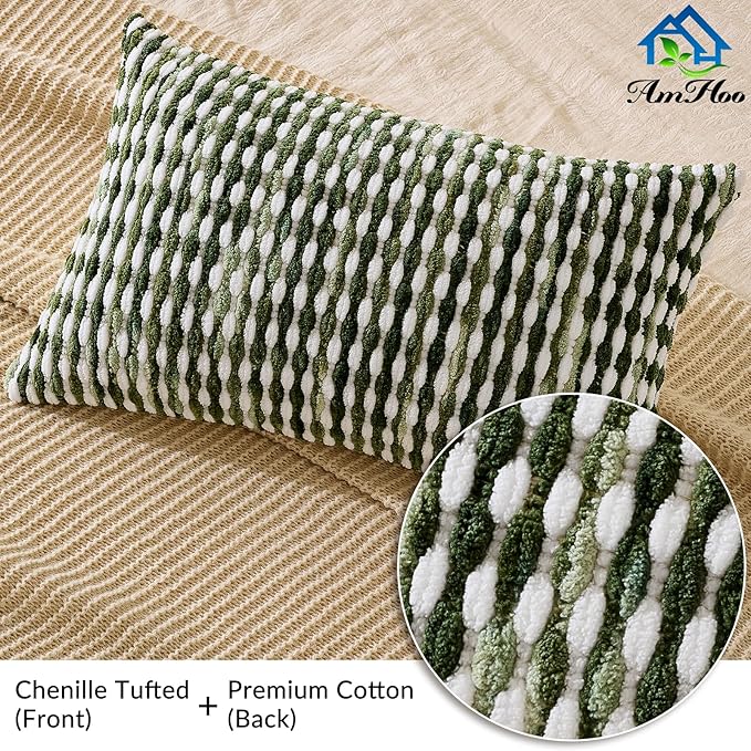 Boho Chenille Pillow Cover Decorative Tufted Pillowcase for Couch Bed Sofa Bedroom Living Room Modern 12 x 20-Inch Sage Green