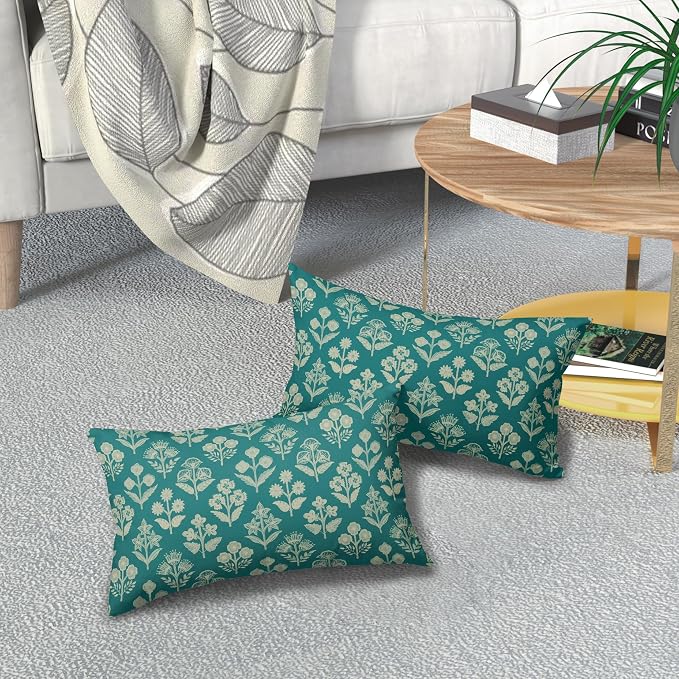 Teal Pillow Covers 12x20 Inch Set of 2, Cream Floral Block Print Pattern Lumbar Decorative Throw Pillowcases Outdoor Farmhouse Rectangle Cushion Covers Spring Summer Sofa Couch Bed Decor