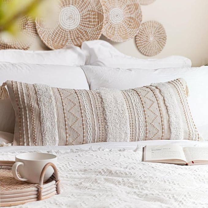 14x36 Lumbar Pillow Cover for Bed, Rectangular Long Decorative Throw Pillowcase, Boho Accent Cushion with Tufted Pattern and Tassels, Cream Beige Neutral (Cover Only)
