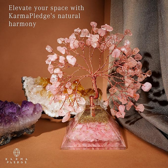 Rose Quartz Crystal Tree Good Luck Birthday Gifts for Women Mom Friends Sister Home and Office Desk Decor, Pyramid Base Reiki Healing Stones Chakra Tree of Life for Positive Energy, Money, Sucess