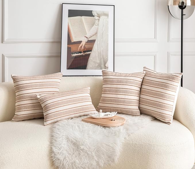 Cethom Decorative Boho Throw Pillow Covers, Farmhouse Textured Pillow Case, 18 x 18 Inch Set of 2, Chair Sofa Bedroom Living Room Home Decor Couch Cushion Case, Brown and Beige Striped