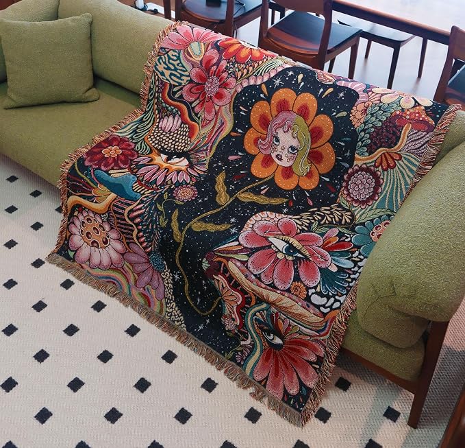 Woven Hippie Boho Throw Blanket for Couch Bed Chair Lounge Boho Room Decor Reversible Cotton Whimsical Throw Blanket Witchy Room Decor Aesthetic Throws Bed Spread Outdoor Camping Blankets 51x59 Inches