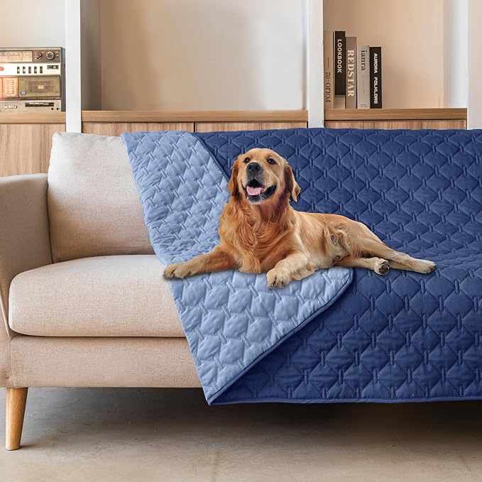 gogobunny Waterproof Dog Blankets for Large Dogs, Pet Bed Cover Breathable | Washable Pee Pads, Quilted Throw Blanket, Furniture Protector for Couch Sofa Bed Car, 82x82 Inch Dark/Light Navy