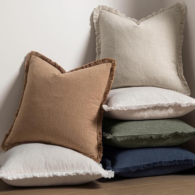 MIULEE Linen Fringe Decorative Throw Pillow Covers Light Olive Green 20x20 | Set of 2, Cottagecore Decor, Boho Farmhouse Neutral Pillow Covers, Rustic Couch Cushion Cases for Sofa Bed Living Room