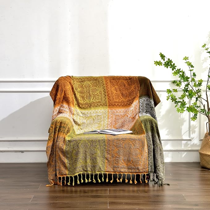 Boho Couch Cover, Bohemian Throw Blanket Tassels Hippie Decor Covers Sofa Chair loveseat Furniture Bed， Bohemian Tribal Fringe slipcover (Green, 60x75)…